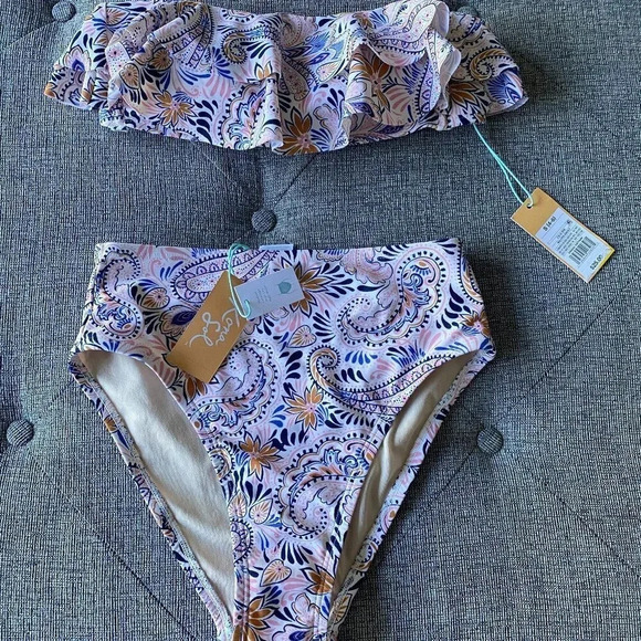 New Double Ruffle Bandeau and High Waist Bottoms Bikini - Kona Sol Small - Picture 1 of 9